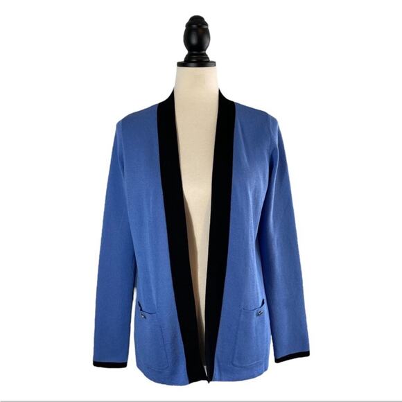 Jones New York Cardigan Blue Black Trim Open Front w/ Pockets, Size S - Picture 1 of 7